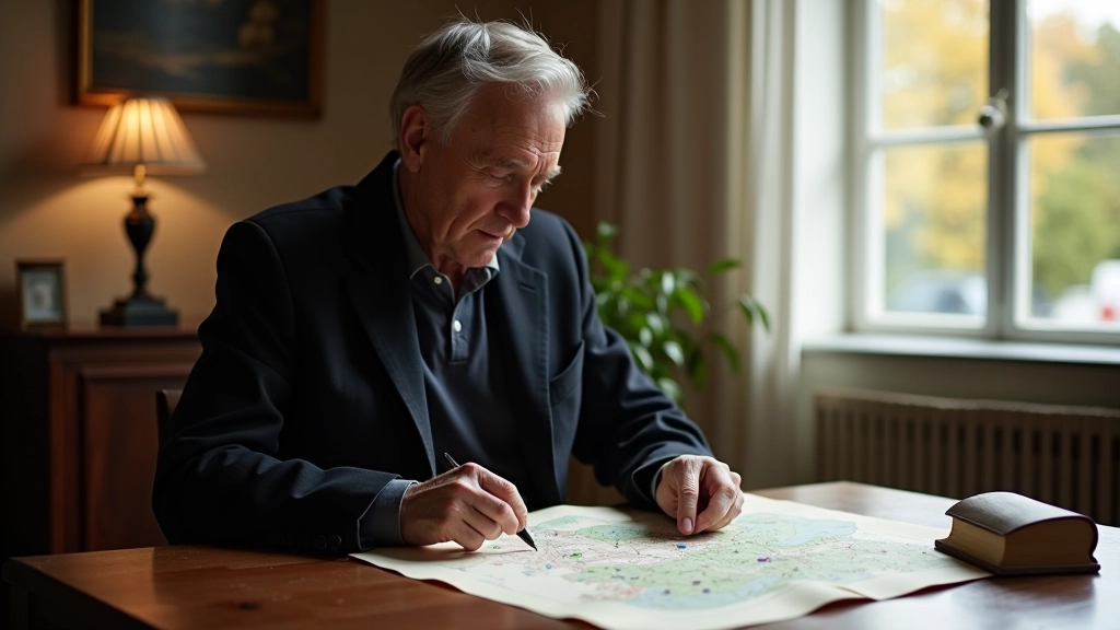 Portrét historika architektury studujícího staré plány Smetanových sadů s mapami a dokumenty