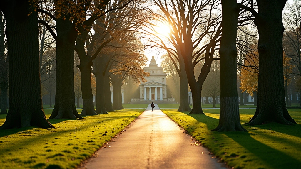 Ozdobná cesta v Smetanových sadech s historickými budovami a starými stromy